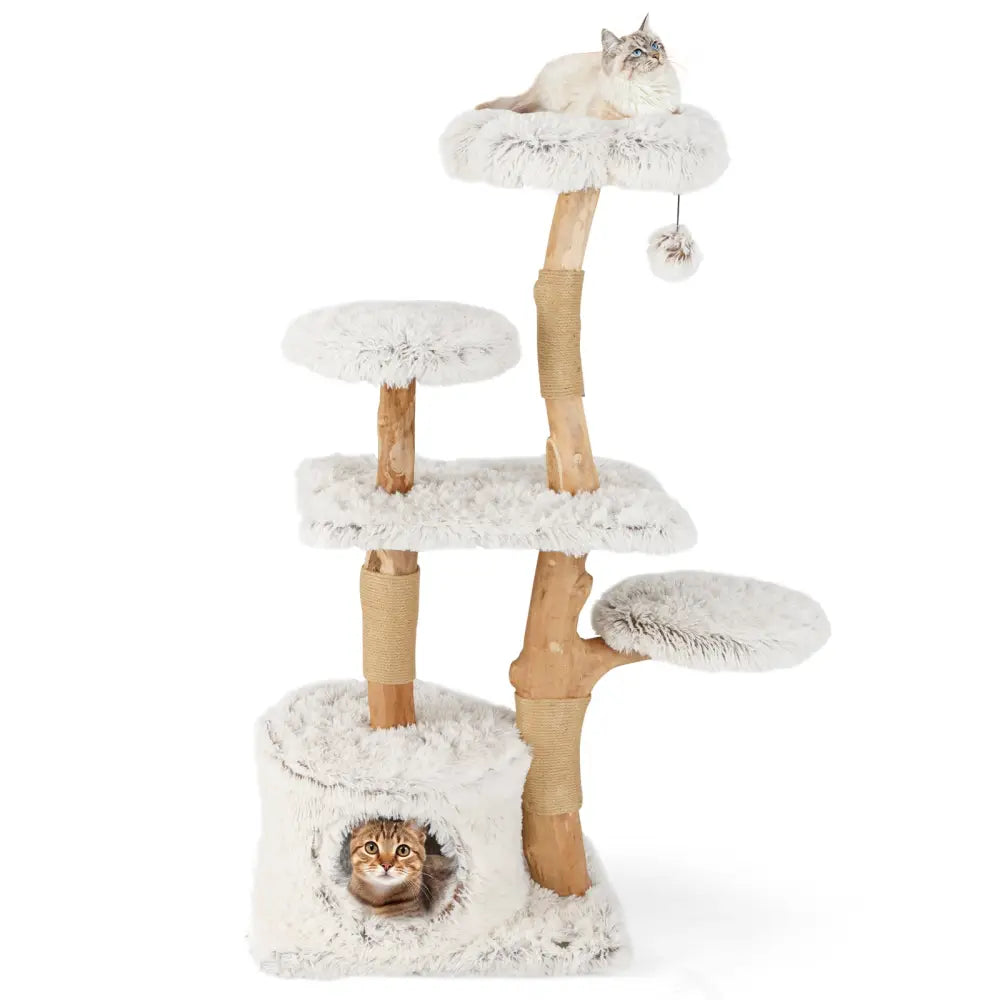 Modern Cat Tree 53 Inch Tall Natural Branch Wooden Cat Tower with Jute Scratching Posts-White - White - Cat Trees