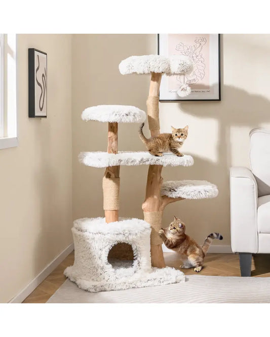 Modern Cat Tree 53 Inch Tall Natural Branch Wooden Cat Tower with Jute Scratching Posts-White - White - Cat Trees