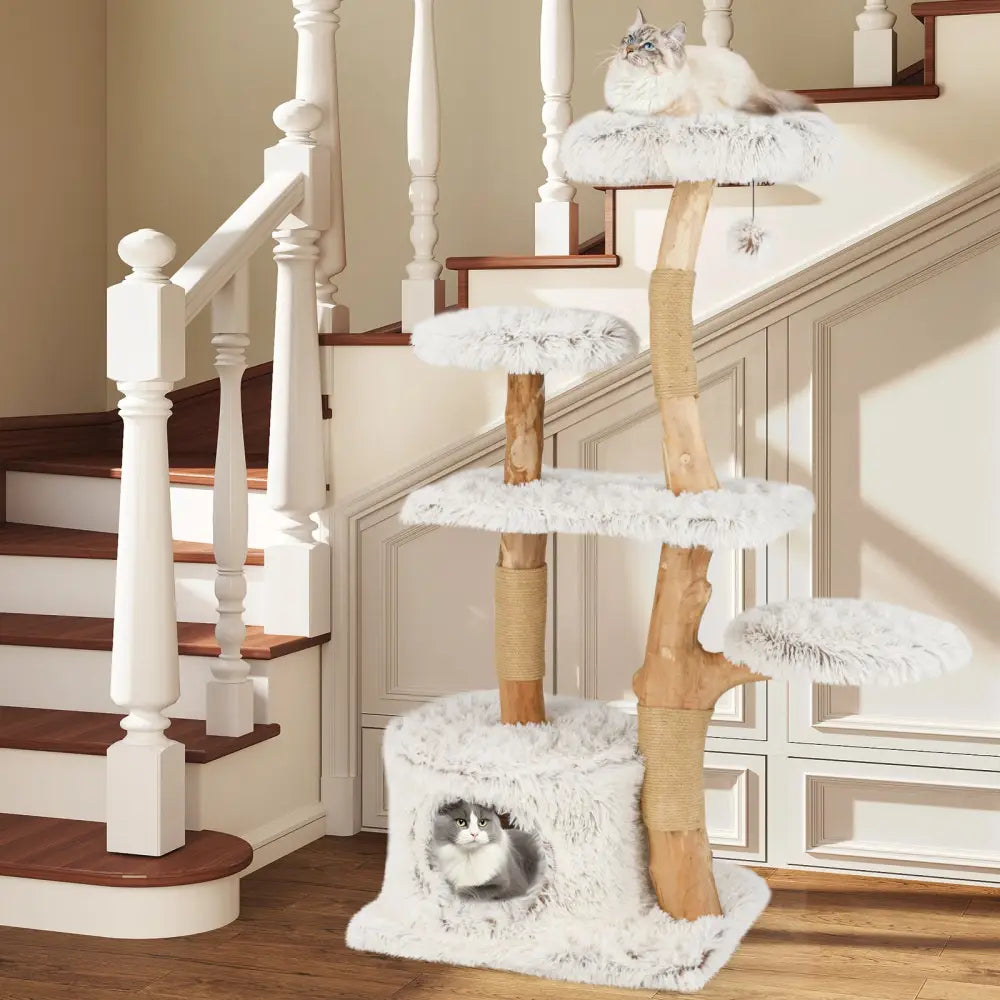 Modern Cat Tree 53 Inch Tall Natural Branch Wooden Cat Tower with Jute Scratching Posts-White - White - Cat Trees