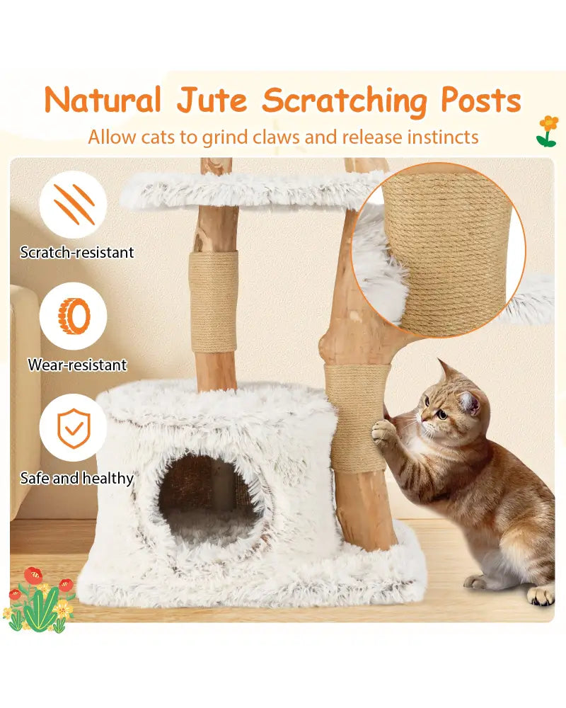 Modern Cat Tree 53 Inch Tall Natural Branch Wooden Cat Tower with Jute Scratching Posts-White - White - Cat Trees