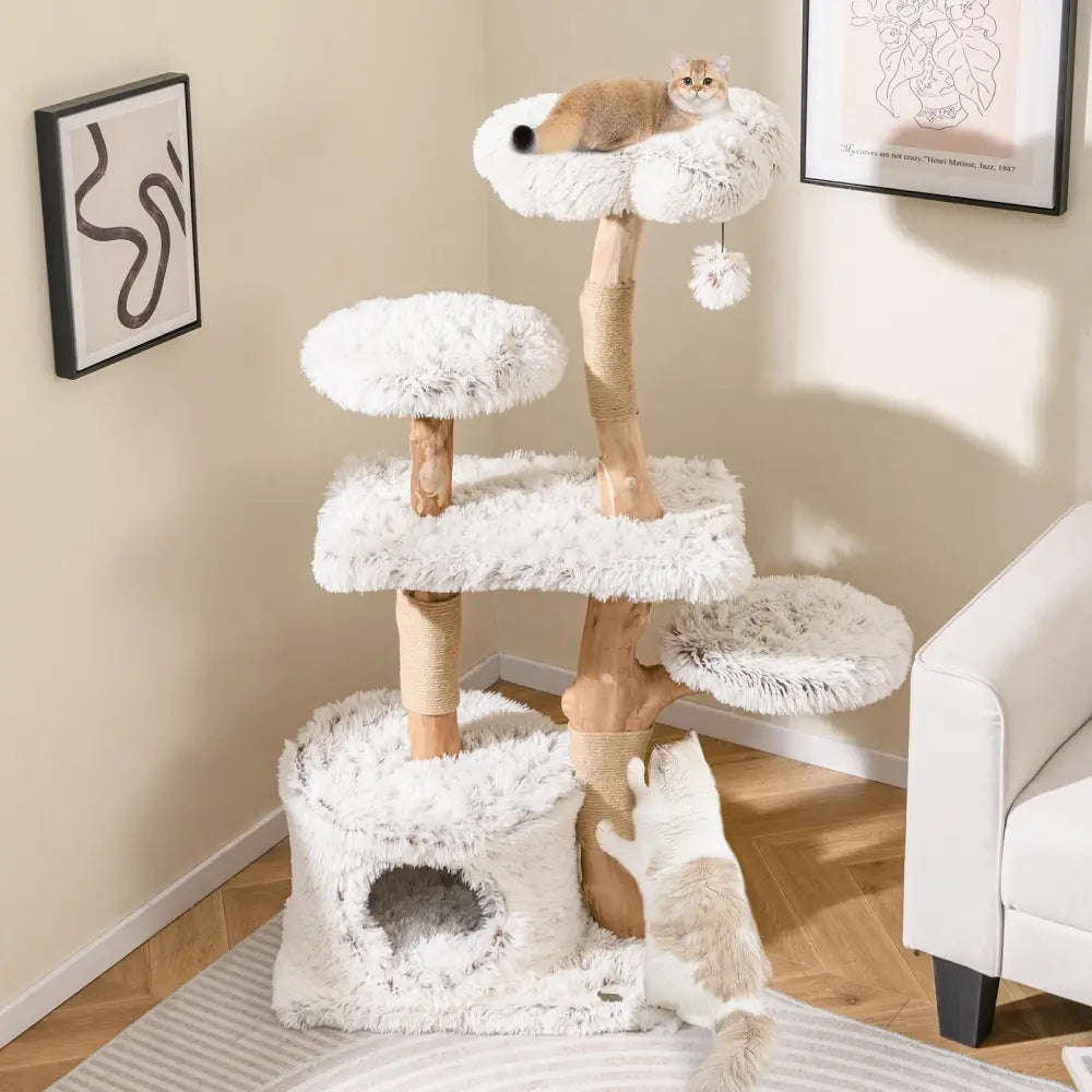 Modern Cat Tree 53 Inch Tall Natural Branch Wooden Cat Tower with Jute Scratching Posts-White - White - Cat Trees