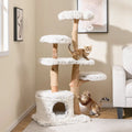 Modern Cat Tree 53 Inch Tall Natural Branch Wooden Cat Tower with Jute Scratching Posts-White - White - Cat Trees