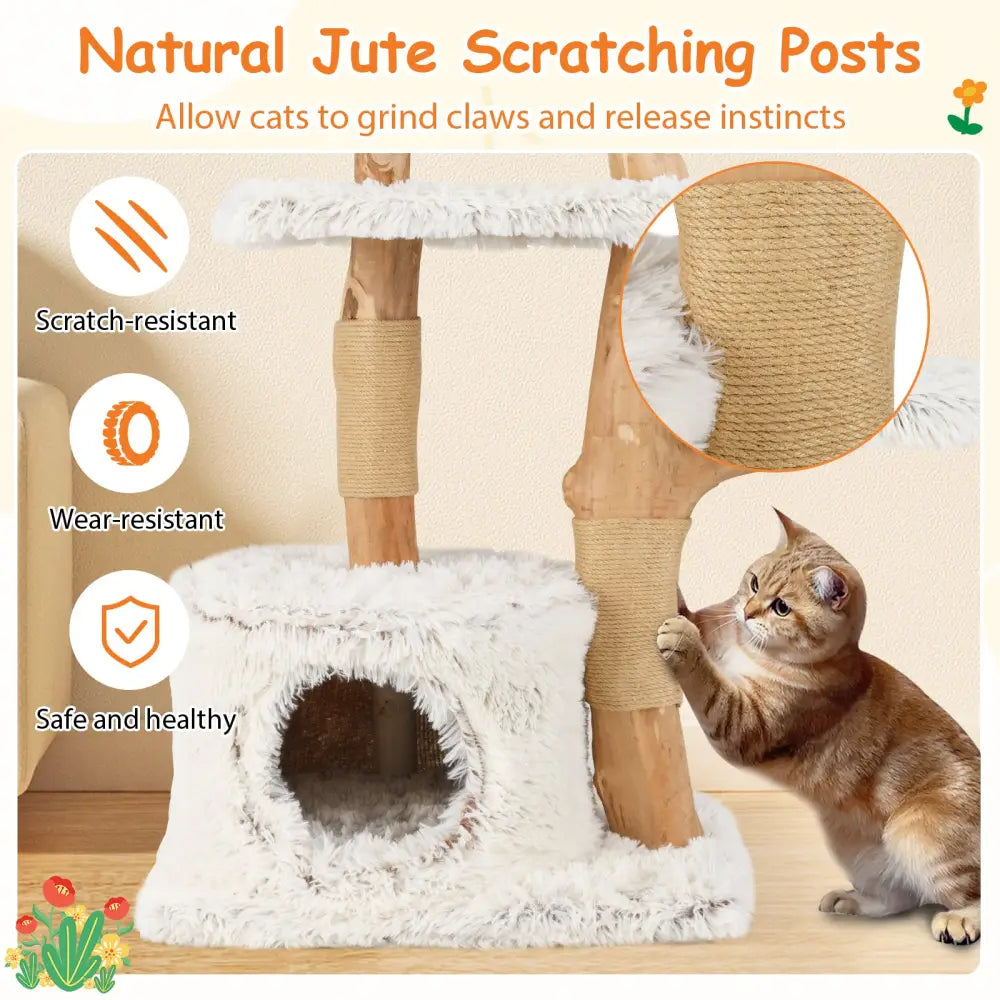 Modern Cat Tree 53 Inch Tall Natural Branch Wooden Cat Tower with Jute Scratching Posts-White - White - Cat Trees
