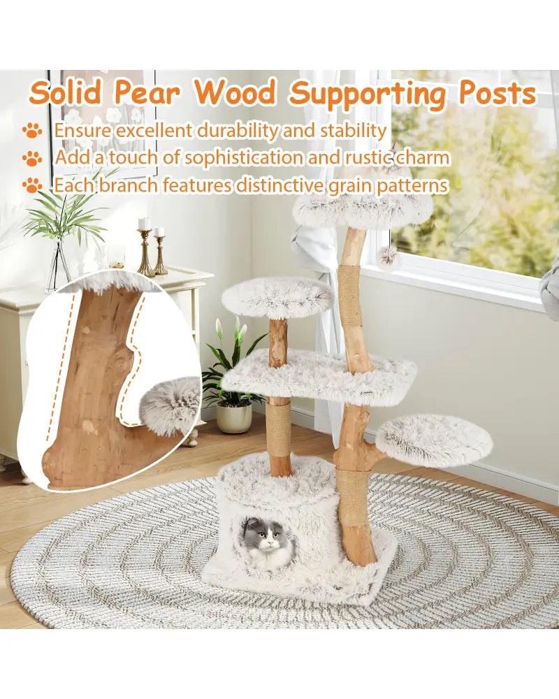 Modern Cat Tree 53 Inch Tall Natural Branch Wooden Cat Tower with Jute Scratching Posts-White - White - Cat Trees
