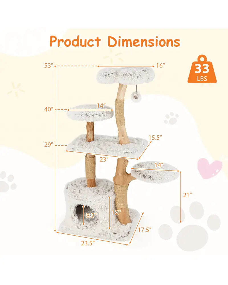 Modern Cat Tree 53 Inch Tall Natural Branch Wooden Cat Tower with Jute Scratching Posts-White - White - Cat Trees