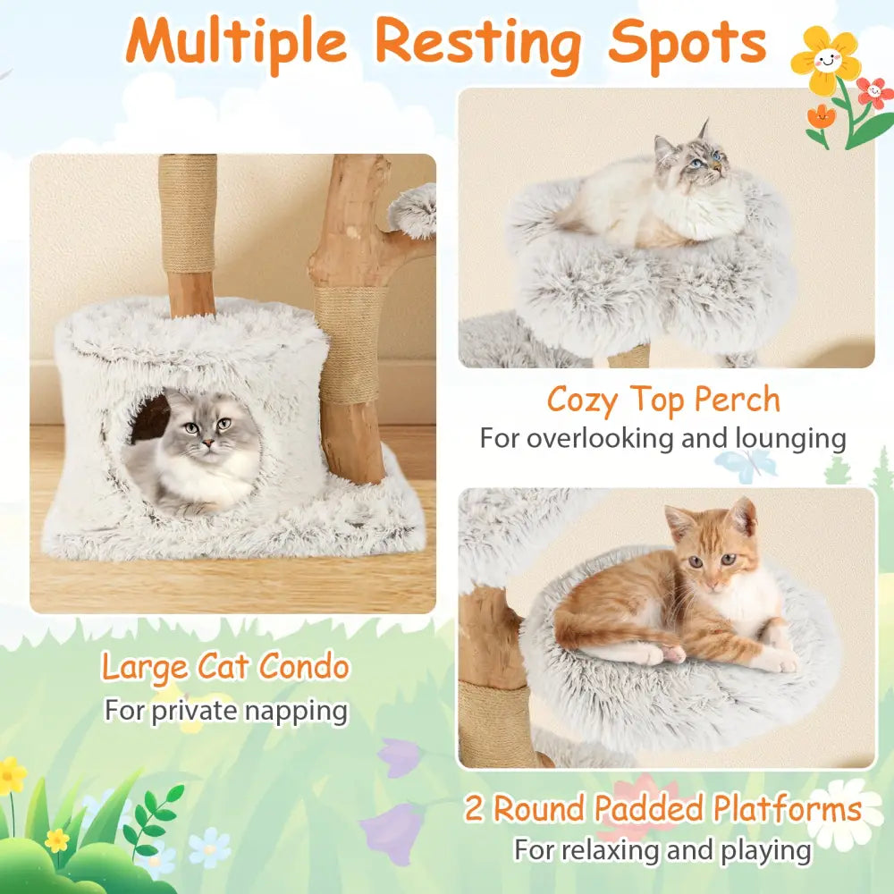 Modern Cat Tree 53 Inch Tall Natural Branch Wooden Cat Tower with Jute Scratching Posts-White - White - Cat Trees