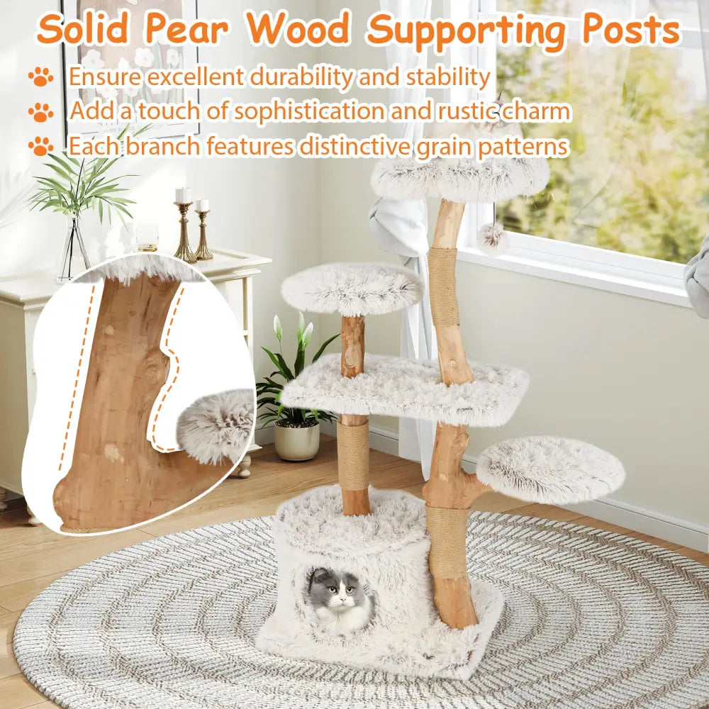 Modern Cat Tree 53 Inch Tall Natural Branch Wooden Cat Tower with Jute Scratching Posts-White - White - Cat Trees