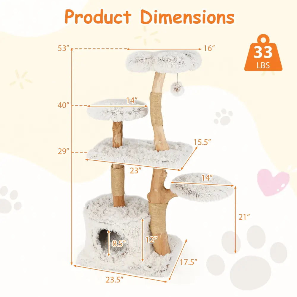 Modern Cat Tree 53 Inch Tall Natural Branch Wooden Cat Tower with Jute Scratching Posts-White - White - Cat Trees