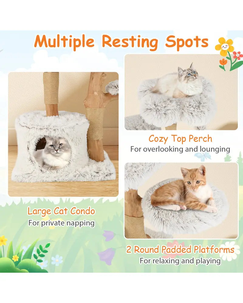 Modern Cat Tree 53 Inch Tall Natural Branch Wooden Cat Tower with Jute Scratching Posts-White - White - Cat Trees