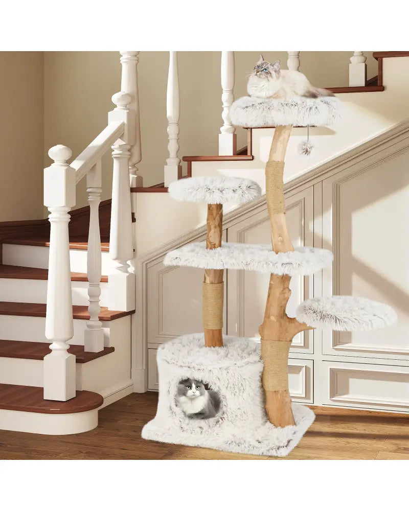 Modern Cat Tree 53 Inch Tall Natural Branch Wooden Cat Tower with Jute Scratching Posts-White - White - Cat Trees