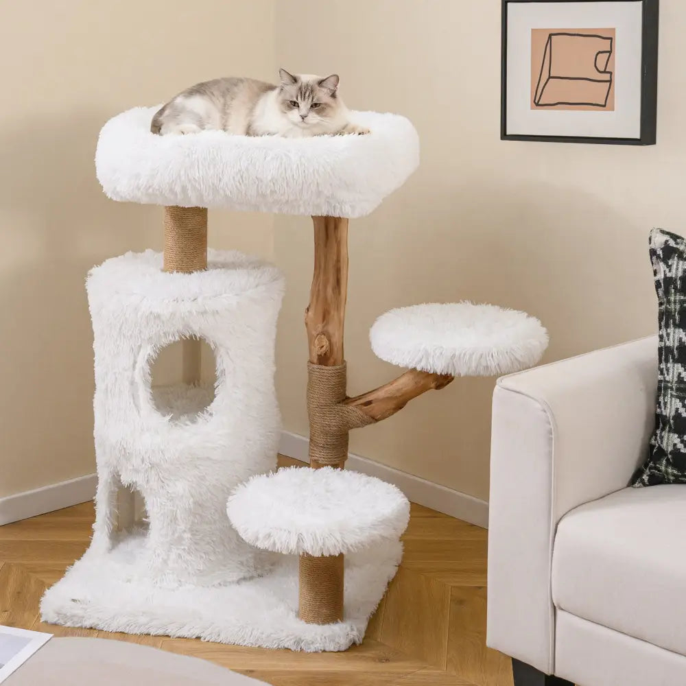 Modern Cat Tree for Indoor Cats 30.5 Cat Tower with Real Solid Wood Branches-White - White - Cat Trees Condos &