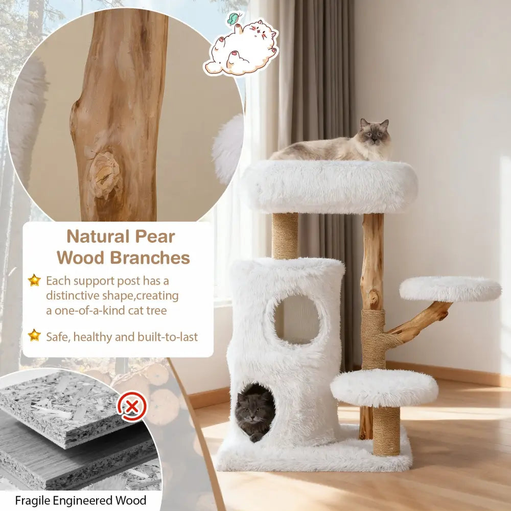 Modern Cat Tree for Indoor Cats 30.5 Cat Tower with Real Solid Wood Branches-White - White - Cat Trees Condos &