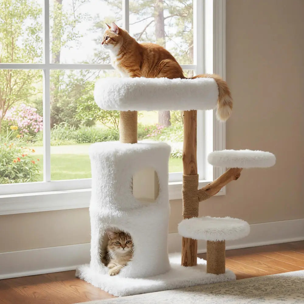 Modern Cat Tree for Indoor Cats 30.5 Cat Tower with Real Solid Wood Branches-White - White - Cat Trees Condos &