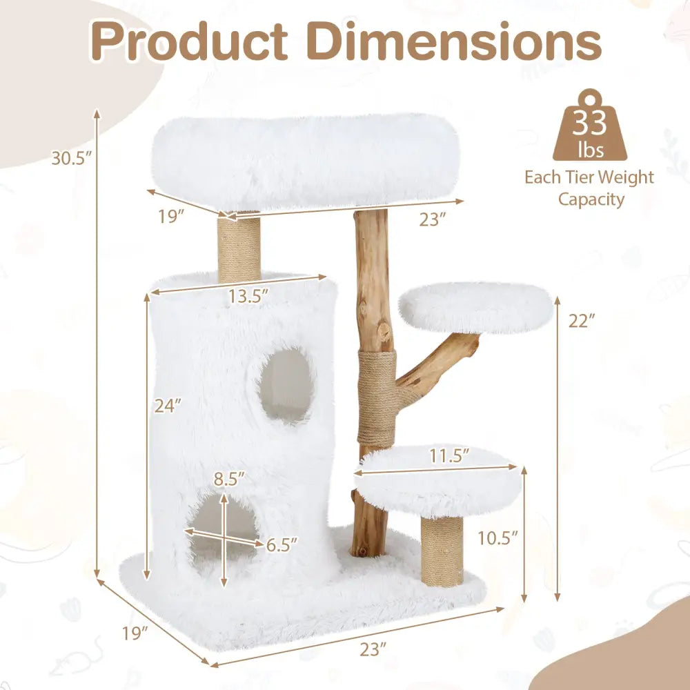 Modern Cat Tree for Indoor Cats 30.5 Cat Tower with Real Solid Wood Branches-White - White - Cat Trees Condos &