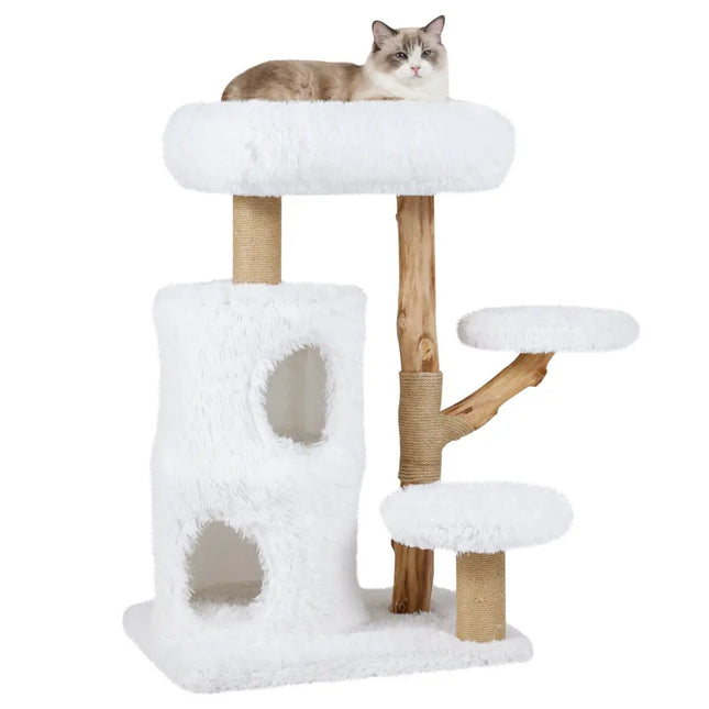 Modern Cat Tree for Indoor Cats 30.5 Cat Tower with Real Solid Wood Branches-White - White - Cat Trees Condos &