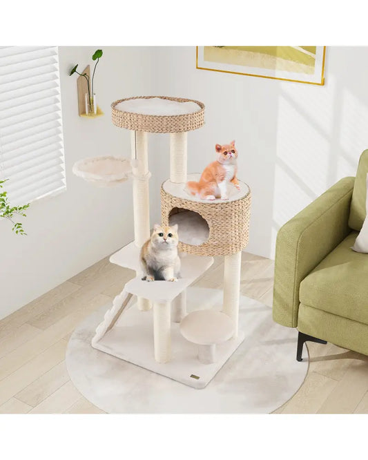 Modern Cat Tree for Indoor Cats with Cattail Fluff Condo and Top Perch-Natural - Natural - Cat Trees Condos & Scratchers