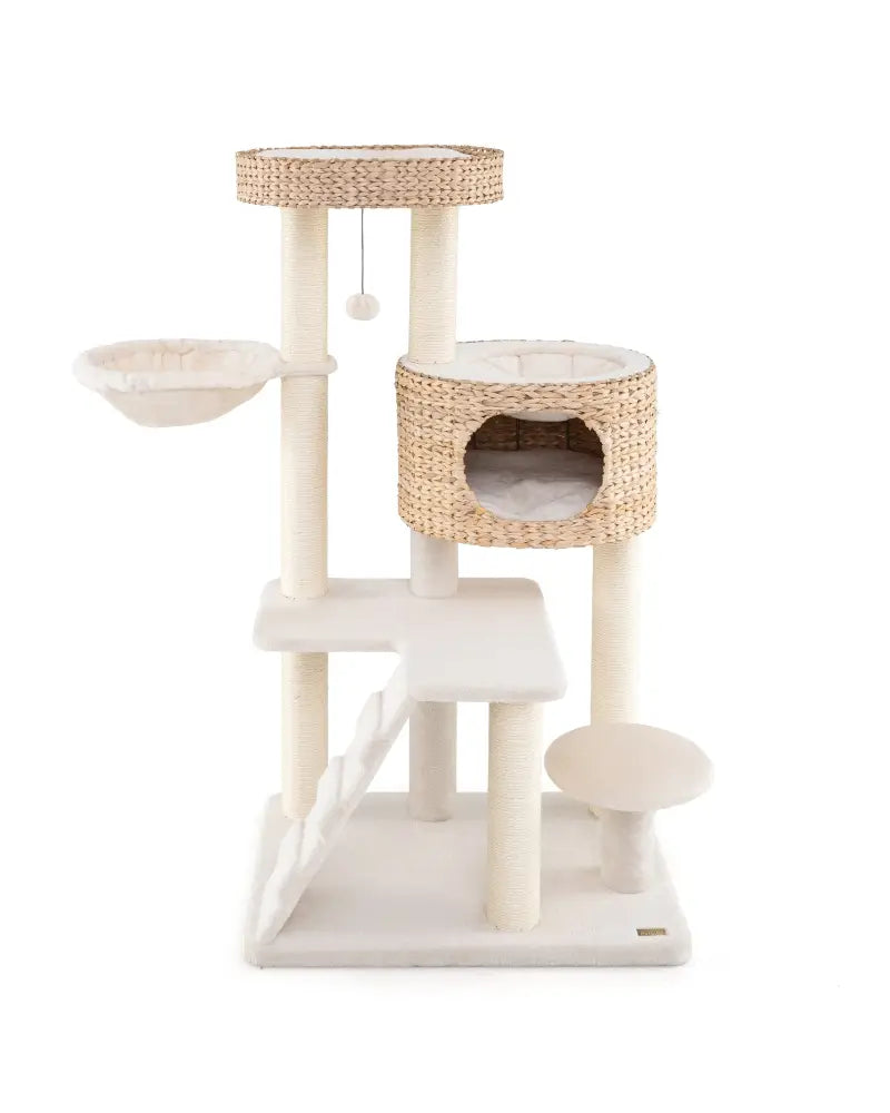 Modern Cat Tree for Indoor Cats with Cattail Fluff Condo and Top Perch-Natural - Natural - Cat Trees Condos & Scratchers