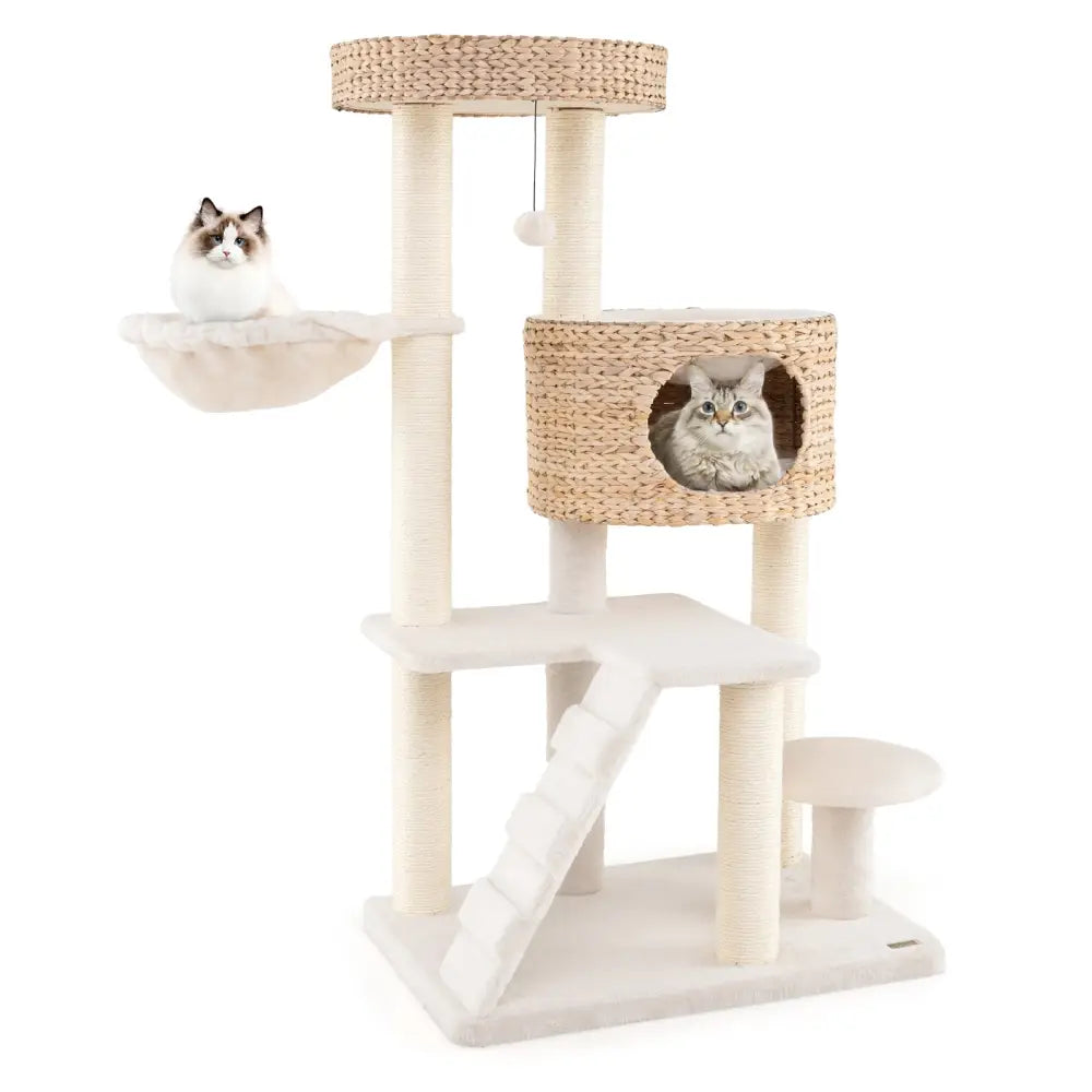 Modern Cat Tree for Indoor Cats with Cattail Fluff Condo and Top Perch-Natural - Natural - Cat Trees Condos & Scratchers