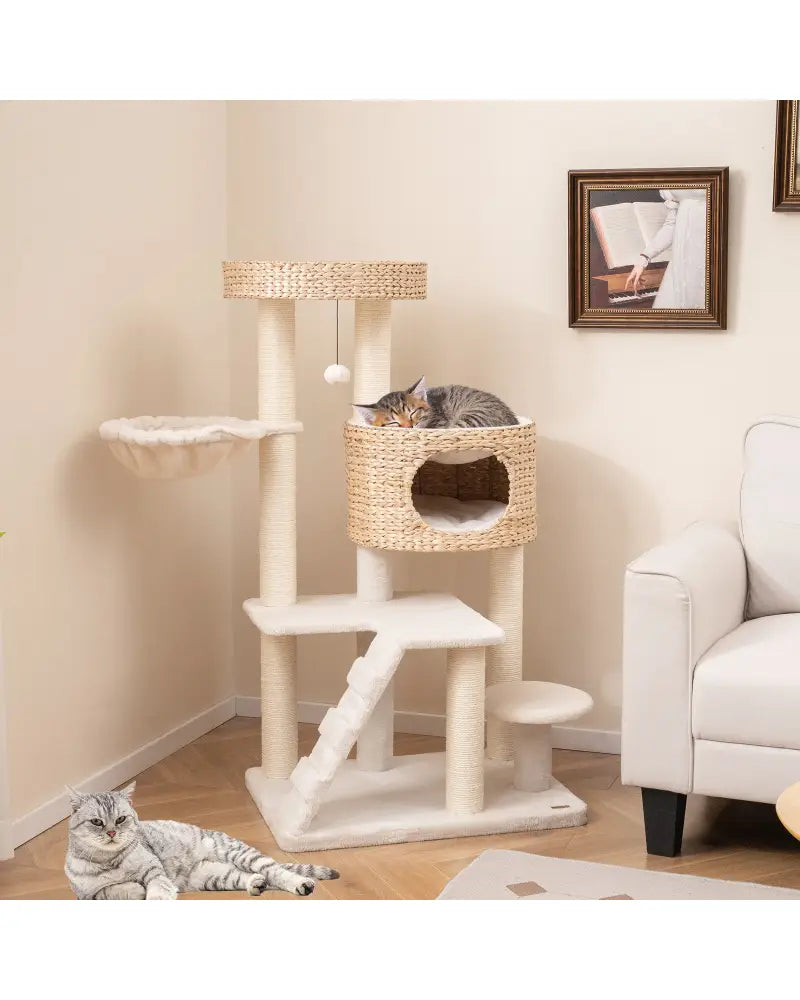 Modern Cat Tree for Indoor Cats with Cattail Fluff Condo and Top Perch-Natural - Natural - Cat Trees Condos & Scratchers