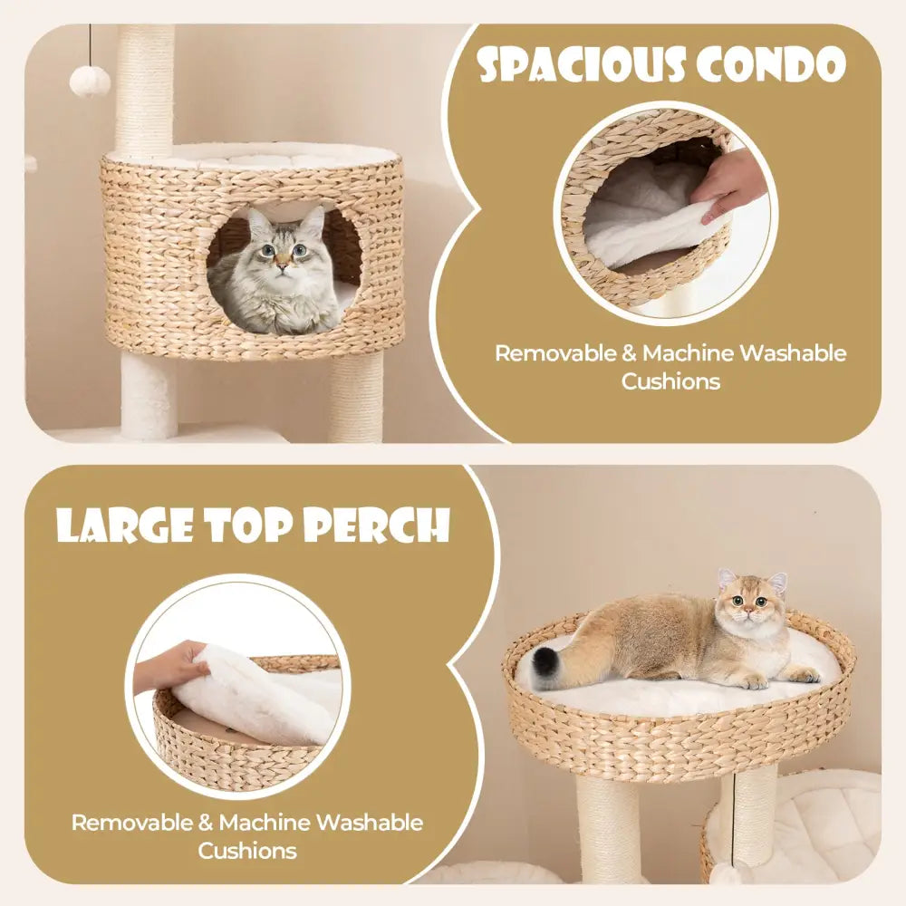 Modern Cat Tree for Indoor Cats with Cattail Fluff Condo and Top Perch-Natural - Natural - Cat Trees Condos & Scratchers