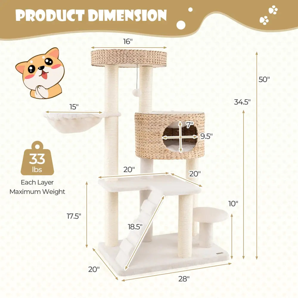 Modern Cat Tree for Indoor Cats with Cattail Fluff Condo and Top Perch-Natural - Natural - Cat Trees Condos & Scratchers