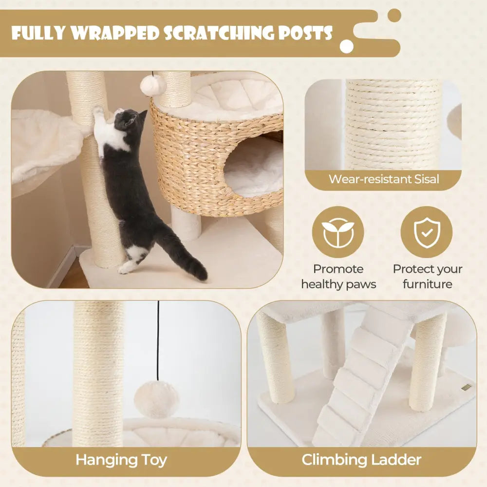 Modern Cat Tree for Indoor Cats with Cattail Fluff Condo and Top Perch-Natural - Natural - Cat Trees Condos & Scratchers
