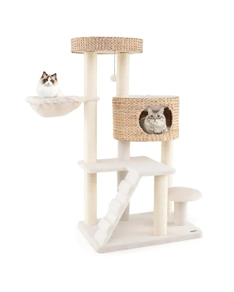 Modern Cat Tree for Indoor Cats with Cattail Fluff Condo and Top Perch-Natural - Natural - Cat Trees Condos & Scratchers