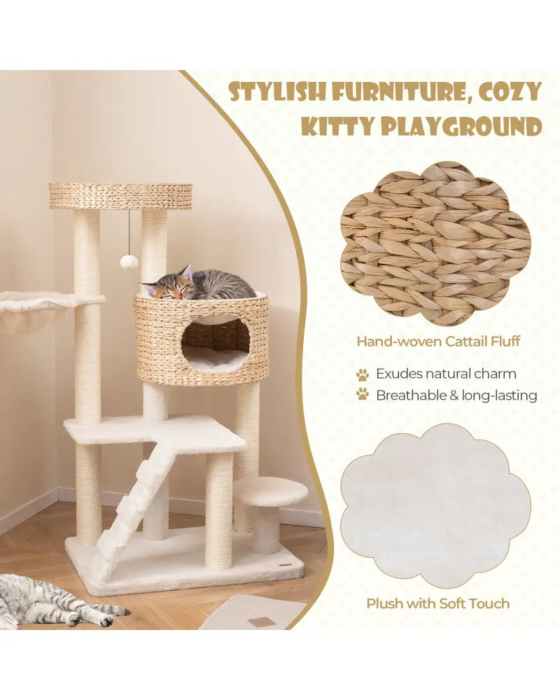 Modern Cat Tree for Indoor Cats with Cattail Fluff Condo and Top Perch-Natural - Natural - Cat Trees Condos & Scratchers
