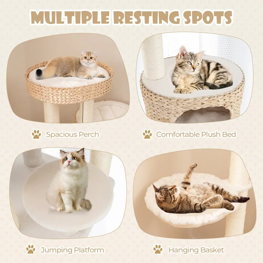 Modern Cat Tree for Indoor Cats with Cattail Fluff Condo and Top Perch-Natural - Natural - Cat Trees Condos & Scratchers