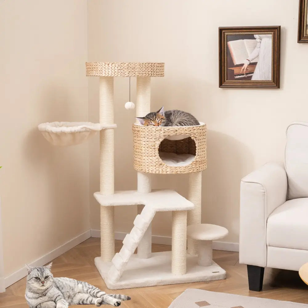 Modern Cat Tree for Indoor Cats with Cattail Fluff Condo and Top Perch-Natural - Natural - Cat Trees Condos & Scratchers