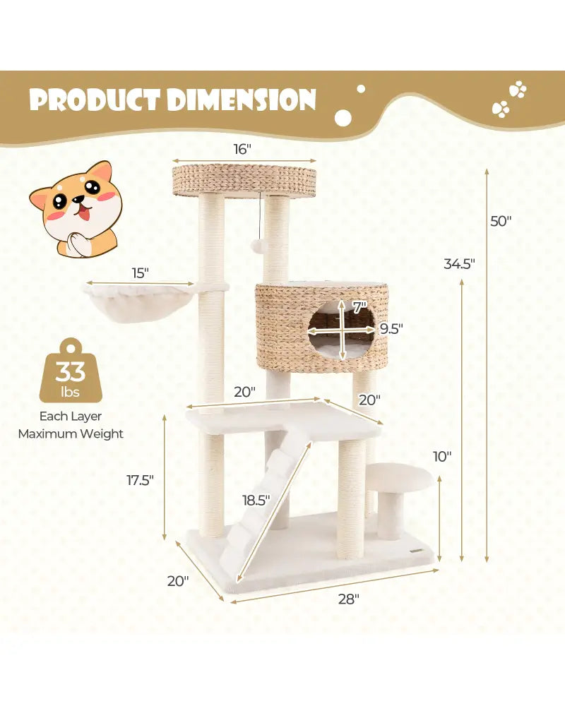 Modern Cat Tree for Indoor Cats with Cattail Fluff Condo and Top Perch-Natural - Natural - Cat Trees Condos & Scratchers
