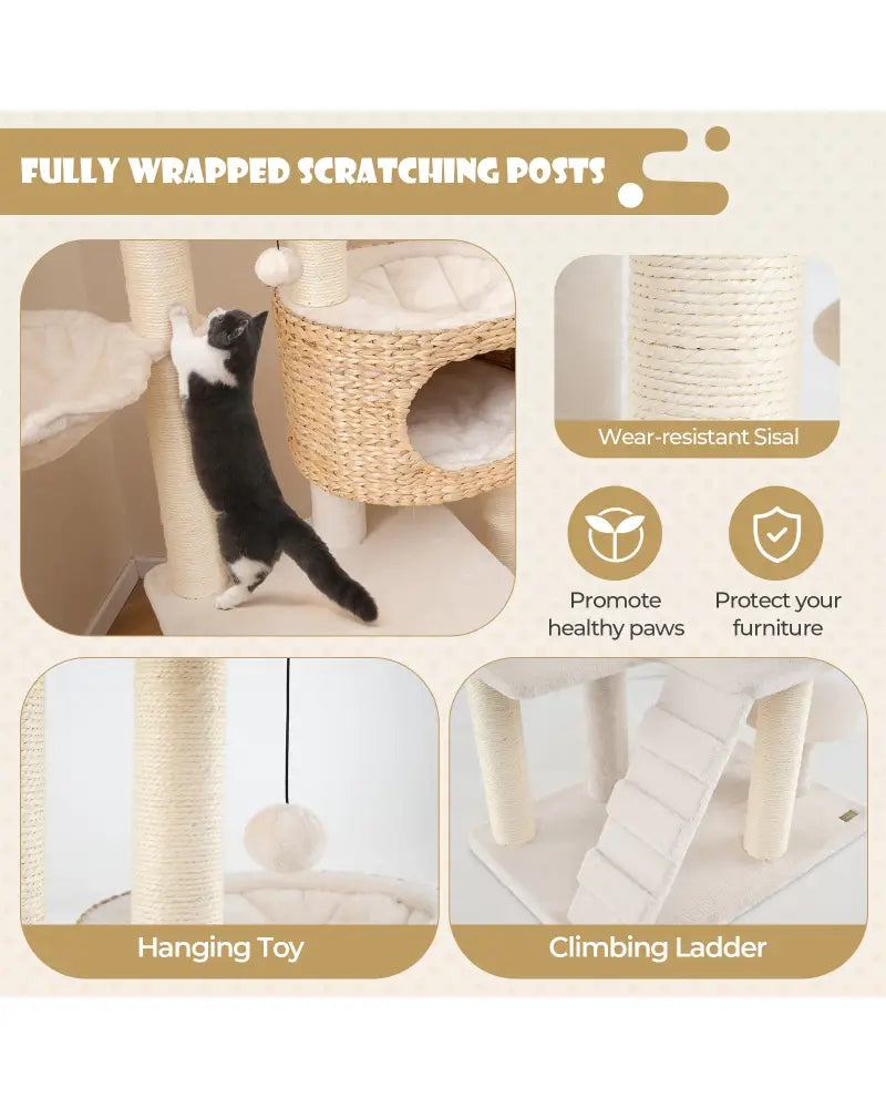 Modern Cat Tree for Indoor Cats with Cattail Fluff Condo and Top Perch-Natural - Natural - Cat Trees Condos & Scratchers