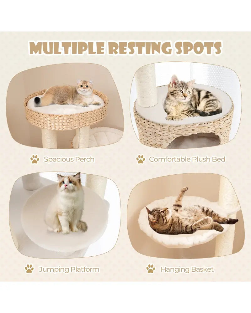 Modern Cat Tree for Indoor Cats with Cattail Fluff Condo and Top Perch-Natural - Natural - Cat Trees Condos & Scratchers