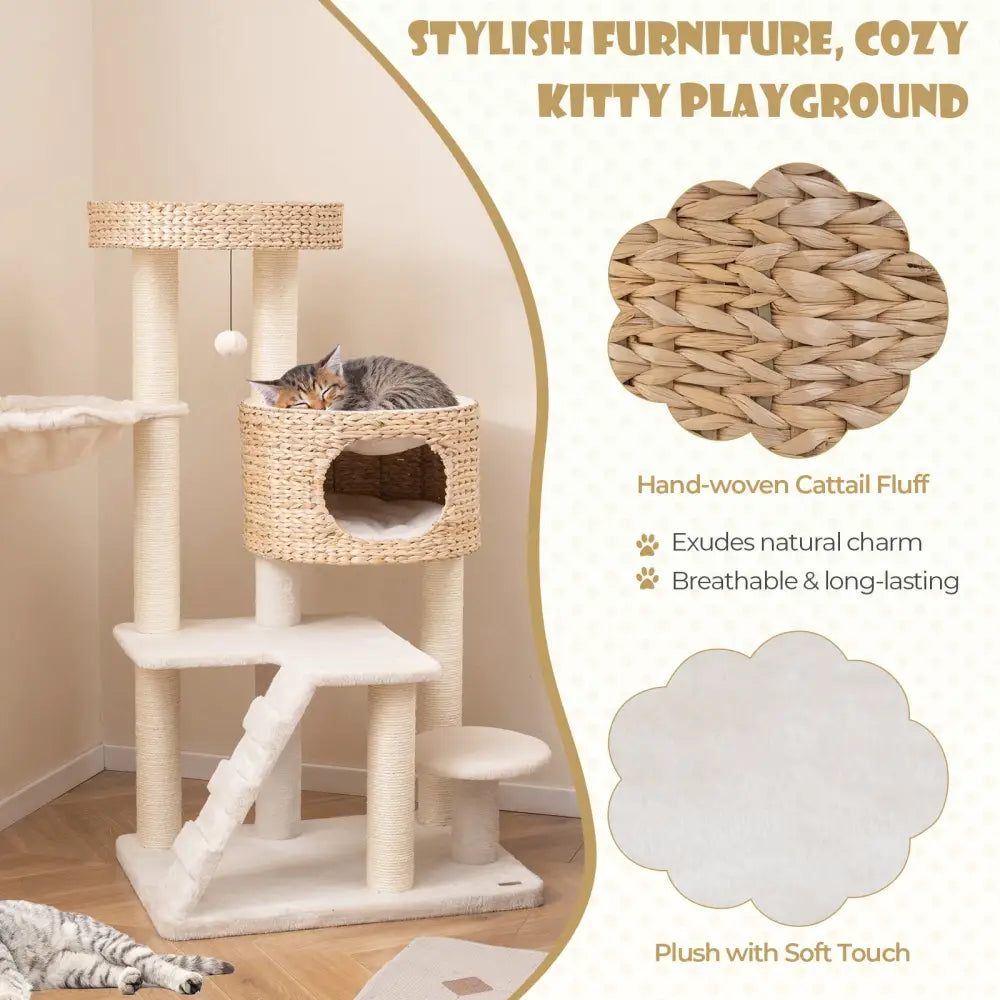Modern Cat Tree for Indoor Cats with Cattail Fluff Condo and Top Perch-Natural - Natural - Cat Trees Condos & Scratchers