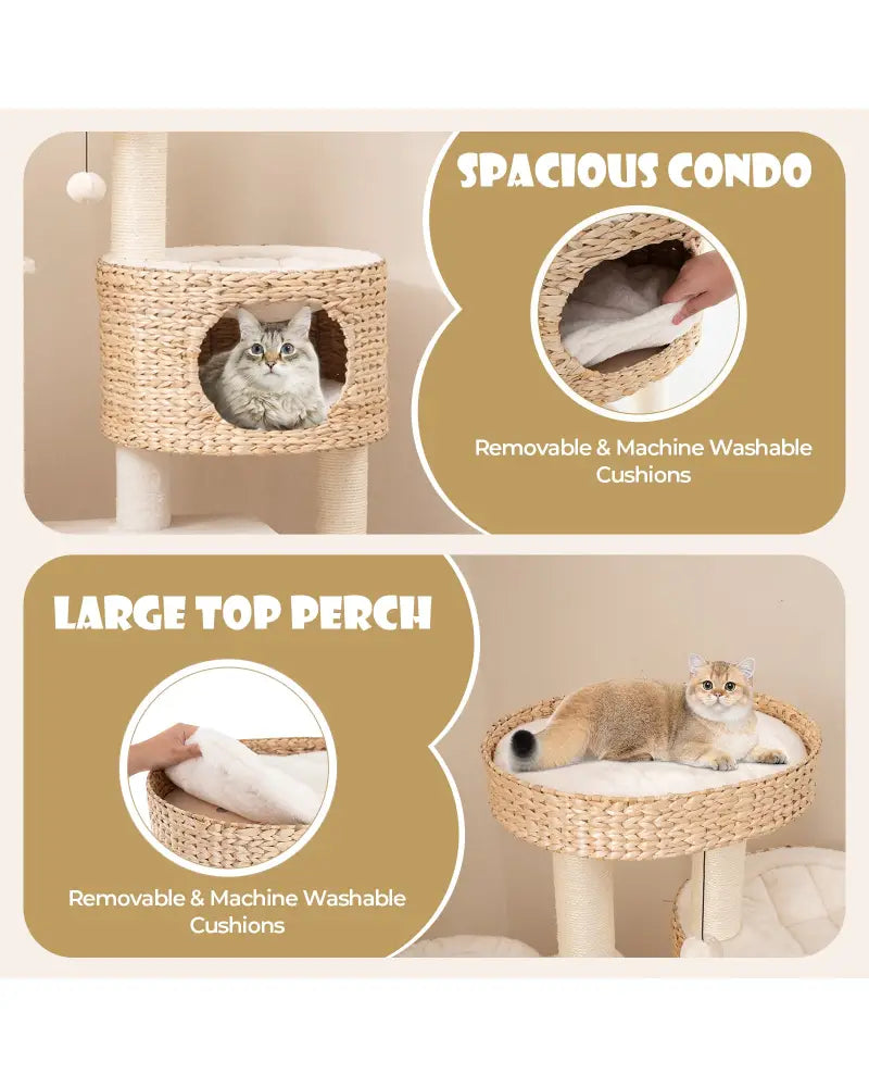 Modern Cat Tree for Indoor Cats with Cattail Fluff Condo and Top Perch-Natural - Natural - Cat Trees Condos & Scratchers