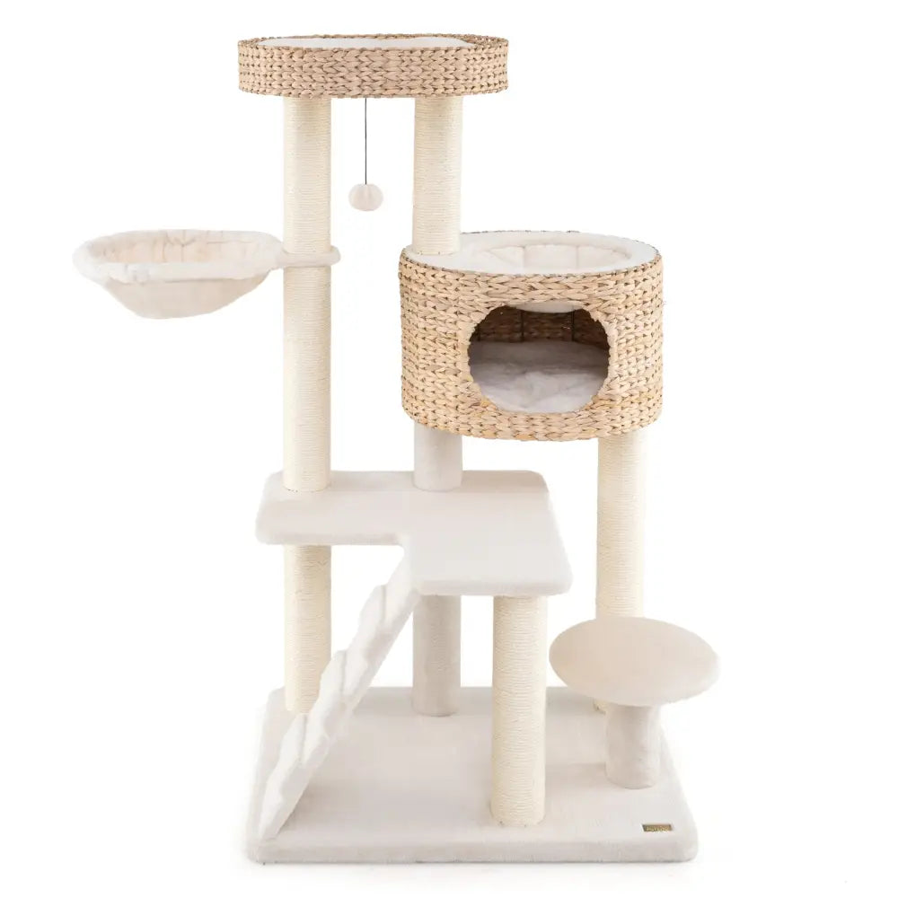 Modern Cat Tree for Indoor Cats with Cattail Fluff Condo and Top Perch-Natural - Natural - Cat Trees Condos & Scratchers