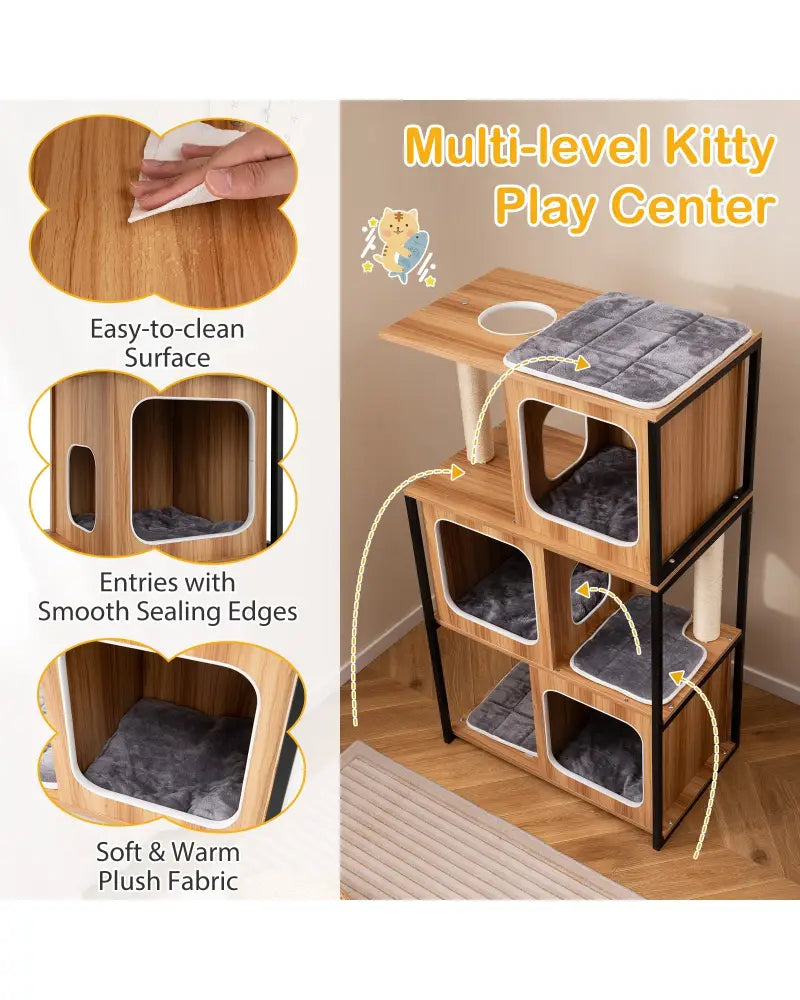 Modern Cat Tree Cat House with Metal Frame and Scratching Posts-Natural - Natural - Cat Trees Condos & Scratchers
