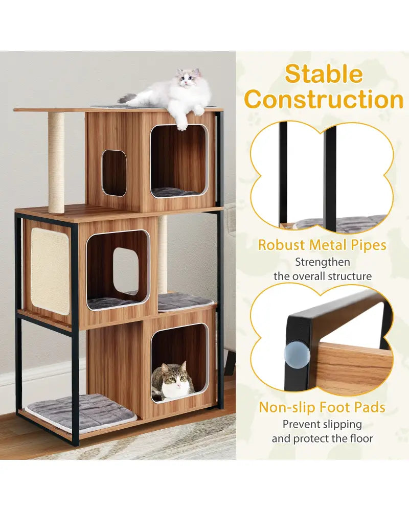 Modern Cat Tree Cat House with Metal Frame and Scratching Posts-Natural - Natural - Cat Trees Condos & Scratchers