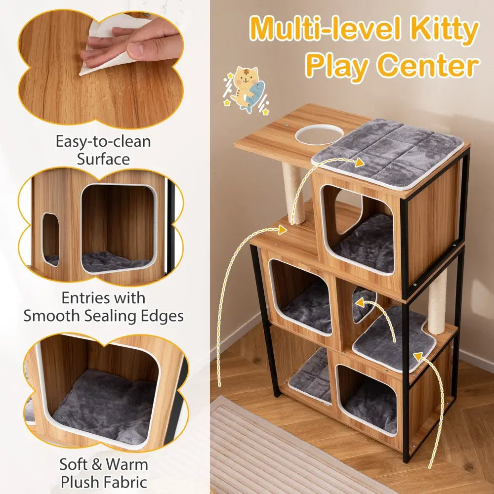 Modern Cat Tree Cat House with Metal Frame and Scratching Posts-Natural - Natural - Cat Trees Condos & Scratchers