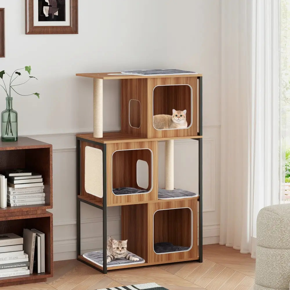 Modern Cat Tree Cat House with Metal Frame and Scratching Posts-Natural - Natural - Cat Trees Condos & Scratchers