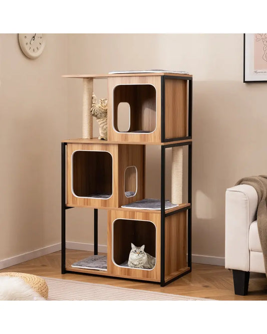Modern Cat Tree Cat House with Metal Frame and Scratching Posts-Natural - Natural - Cat Trees Condos & Scratchers