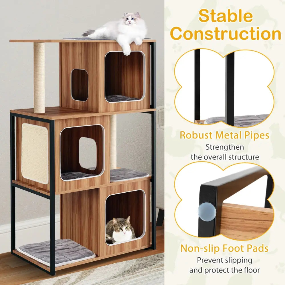 Modern Cat Tree Cat House with Metal Frame and Scratching Posts-Natural - Natural - Cat Trees Condos & Scratchers
