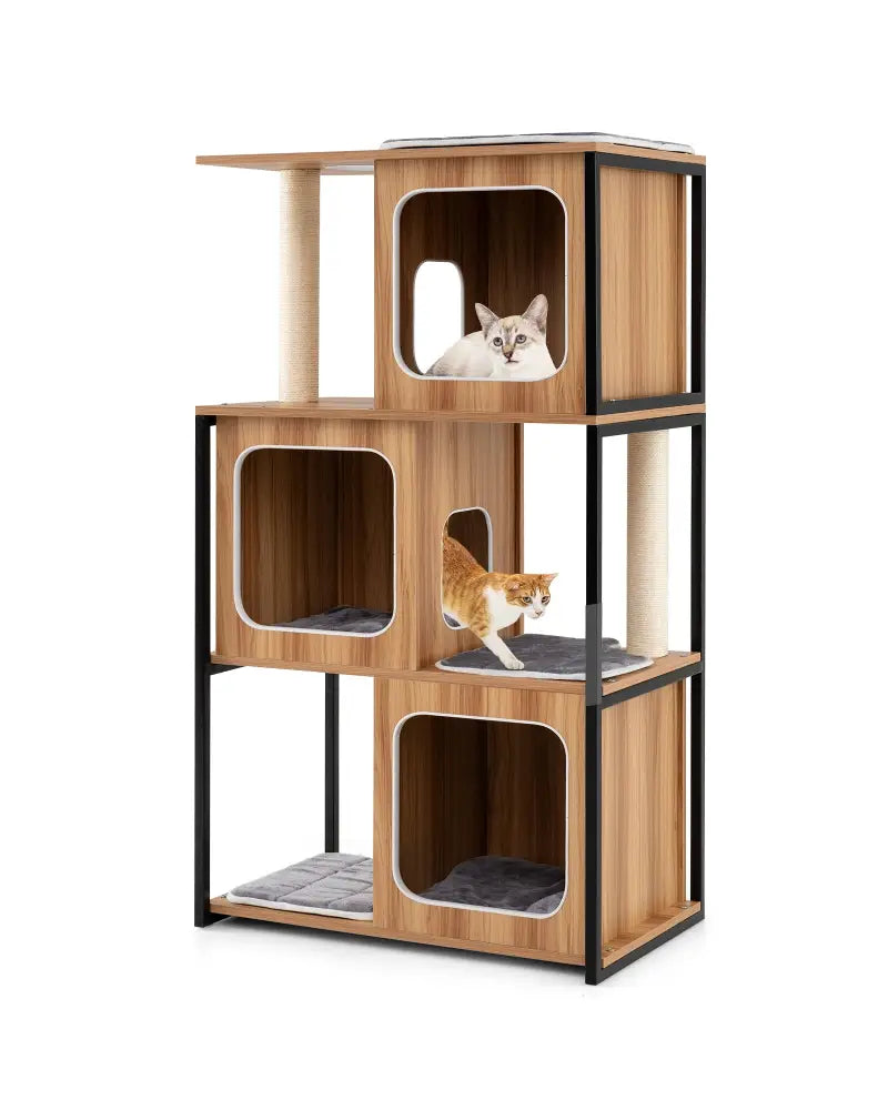 Modern Cat Tree Cat House with Metal Frame and Scratching Posts-Natural - Natural - Cat Trees Condos & Scratchers