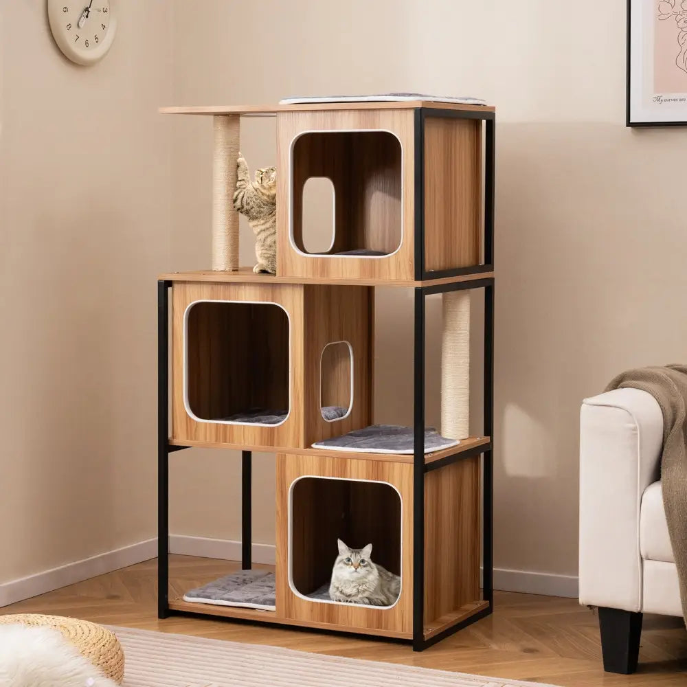 Modern Cat Tree Cat House with Metal Frame and Scratching Posts-Natural - Natural - Cat Trees Condos & Scratchers