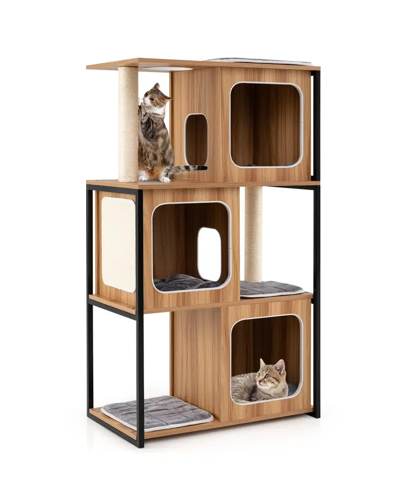 Modern Cat Tree Cat House with Metal Frame and Scratching Posts-Natural - Natural - Cat Trees Condos & Scratchers