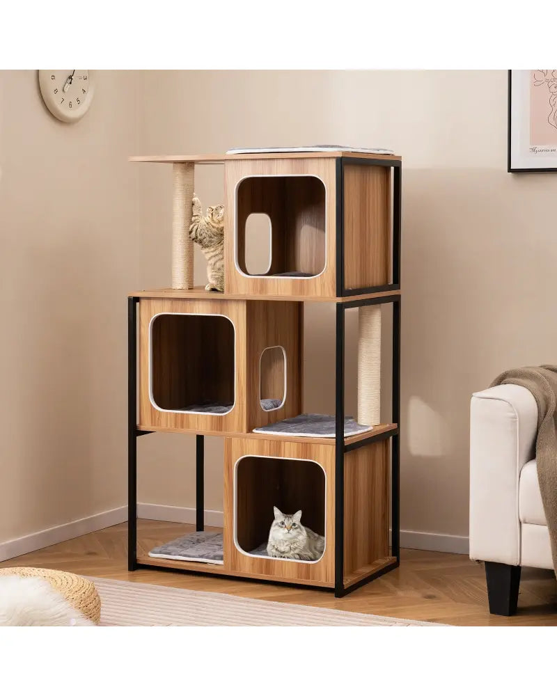 Modern Cat Tree Cat House with Metal Frame and Scratching Posts-Natural - Natural - Cat Trees Condos & Scratchers