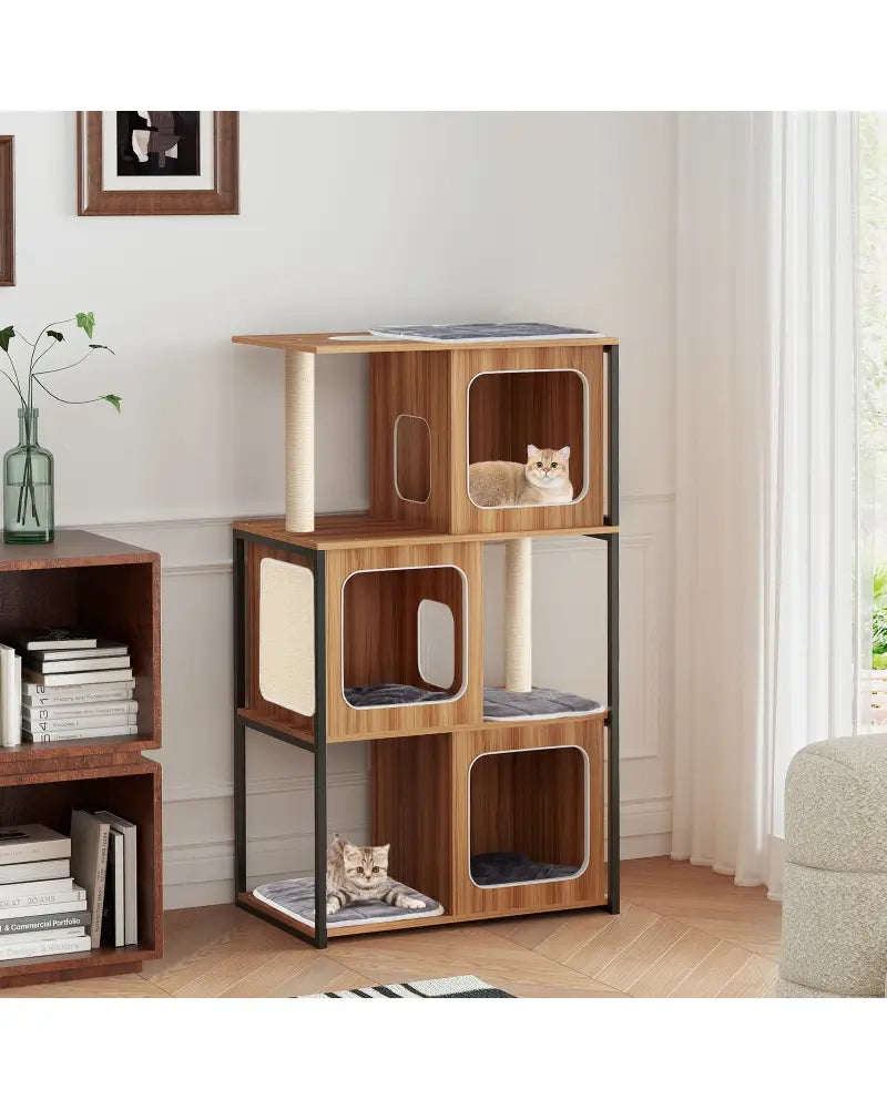 Modern Cat Tree Cat House with Metal Frame and Scratching Posts-Natural - Natural - Cat Trees Condos & Scratchers