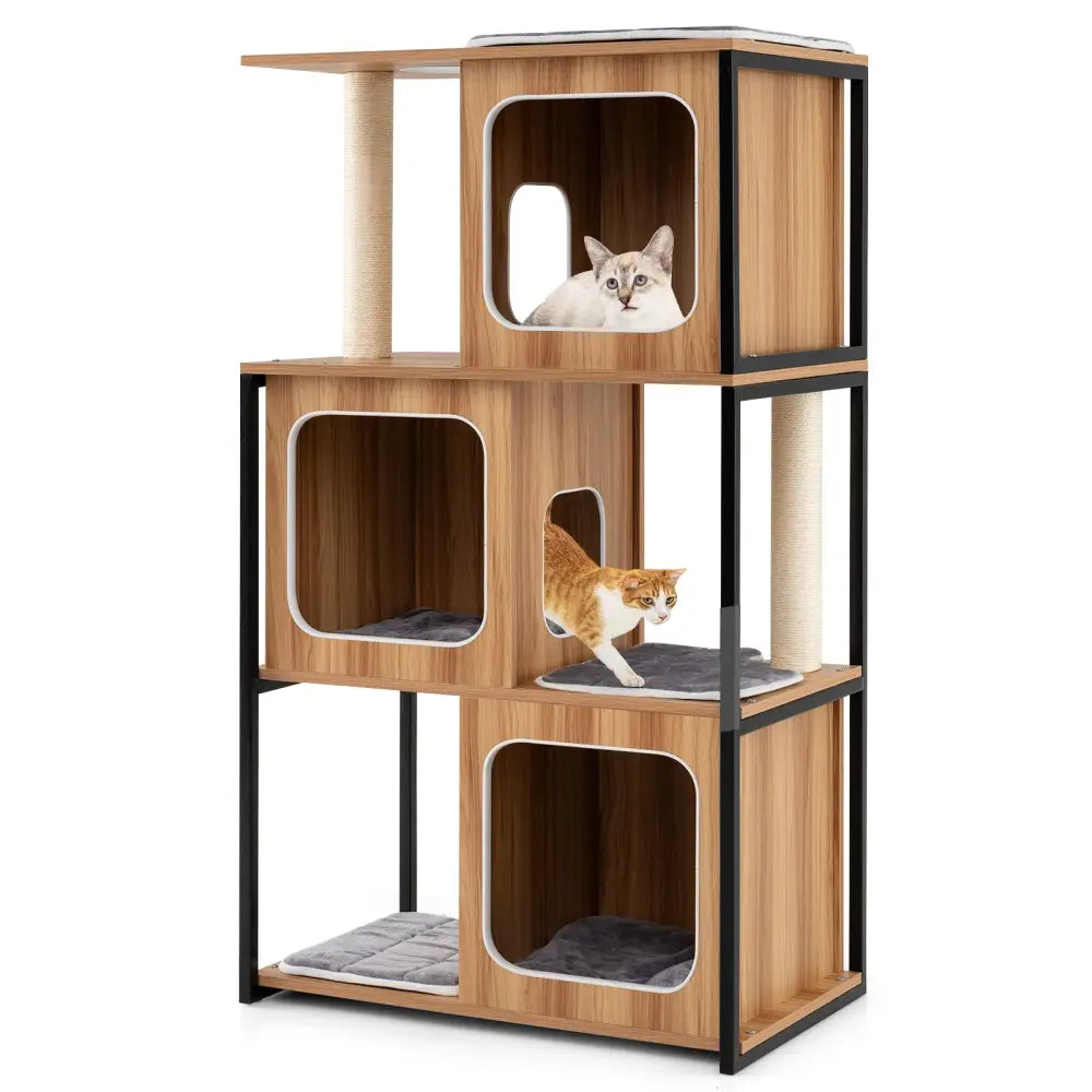 Modern Cat Tree Cat House with Metal Frame and Scratching Posts-Natural - Natural - Cat Trees Condos & Scratchers