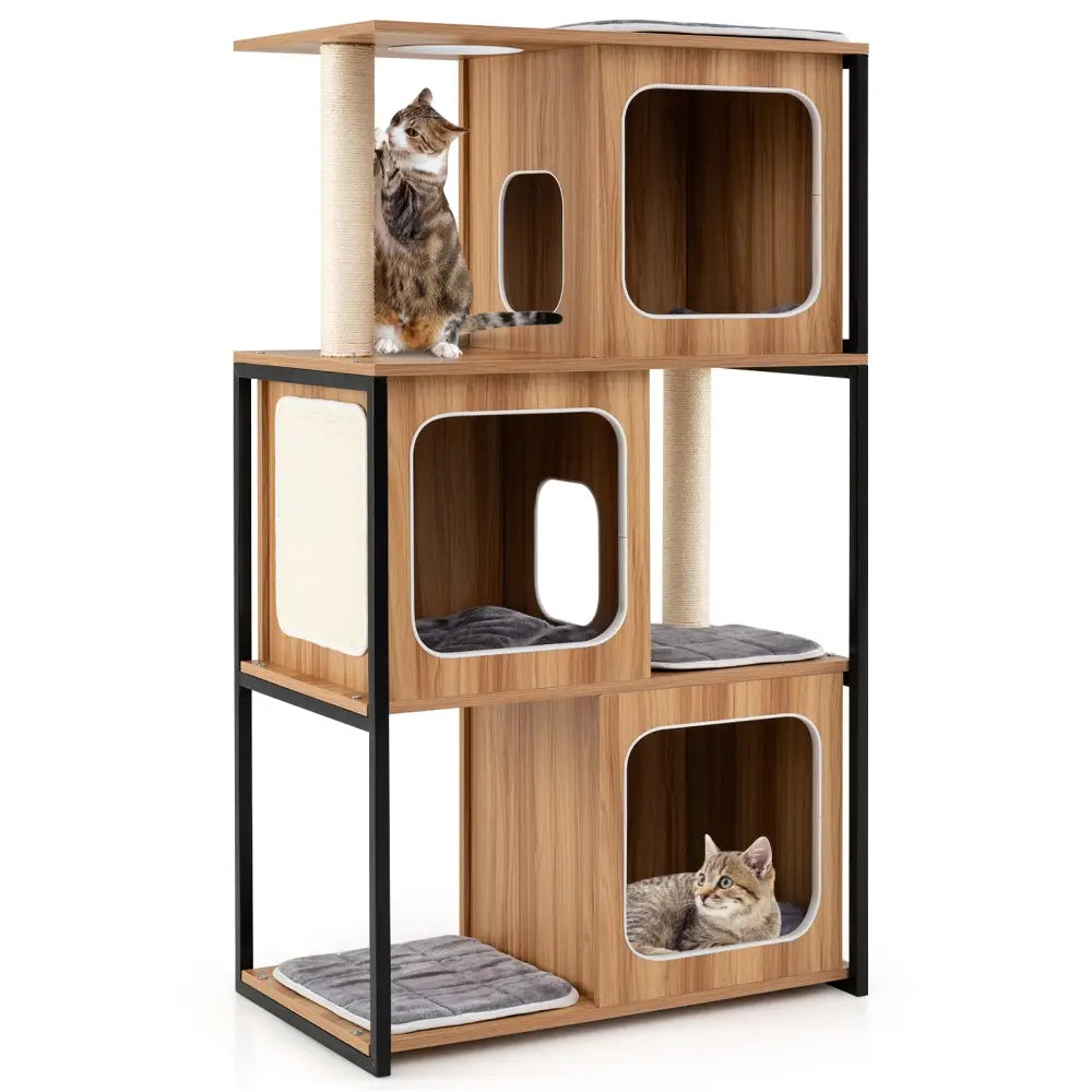 Modern Cat Tree Cat House with Metal Frame and Scratching Posts-Natural - Natural - Cat Trees Condos & Scratchers