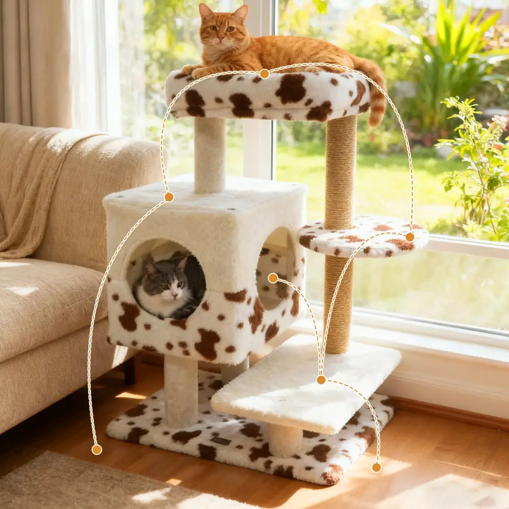Modern Cat Tree Indoor Cat Tower with Wide Upholstered Perch and 2-Entrance Cat Condo-White - White - Cat Trees Condos